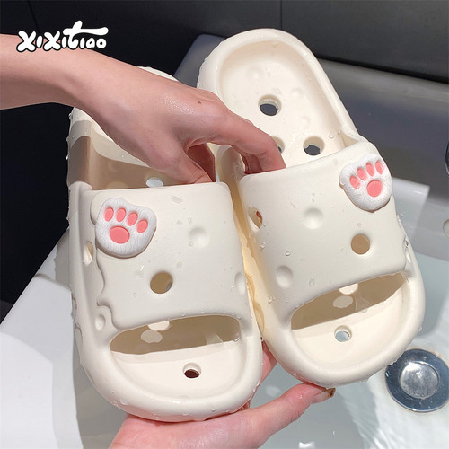 细细条可爱猫爪防臭居家一字拖鞋