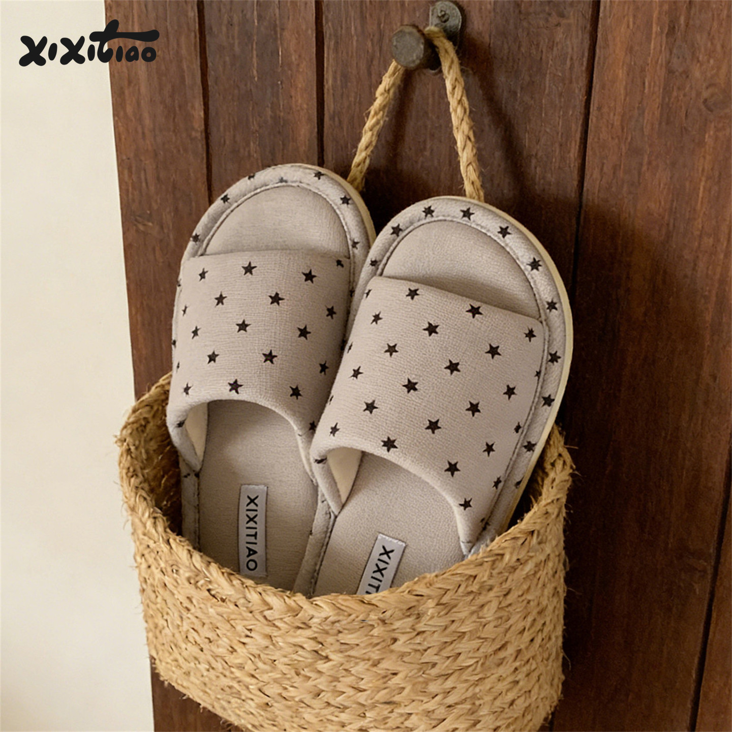 细细条 韩系星星棉麻拖鞋吸汗不闷脚防滑四季款卧室一字地板鞋女