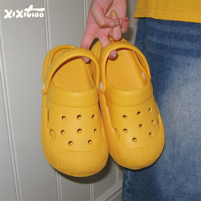 细细条黄色可爱圆头洞洞鞋女ins