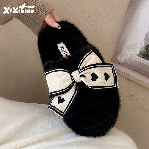 细细条韩系爱心蝴蝶结一字棉拖鞋