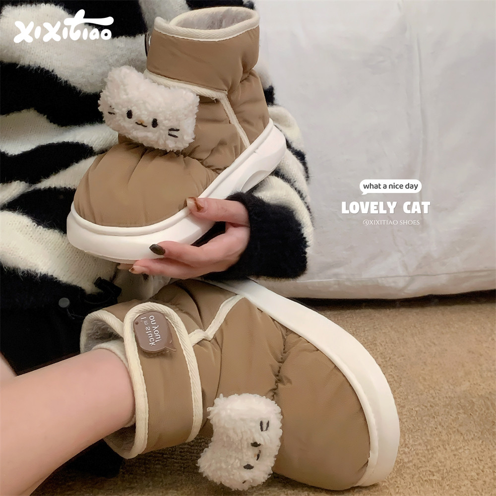 细细条 冬季时尚户外百搭魔术贴棉鞋女保暖加绒可爱小猫咪雪地靴,女鞋,时尚雪地靴,淘宝优惠券,粉丝福利购,淘宝优惠卷