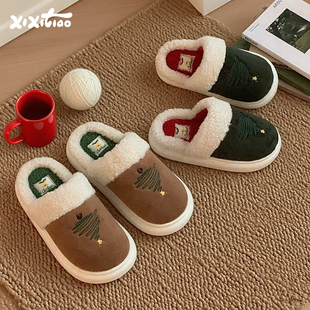 ins复古撞色情侣室内防滑居家毛毛鞋 男女冬季 圣诞树棉拖鞋 细细条