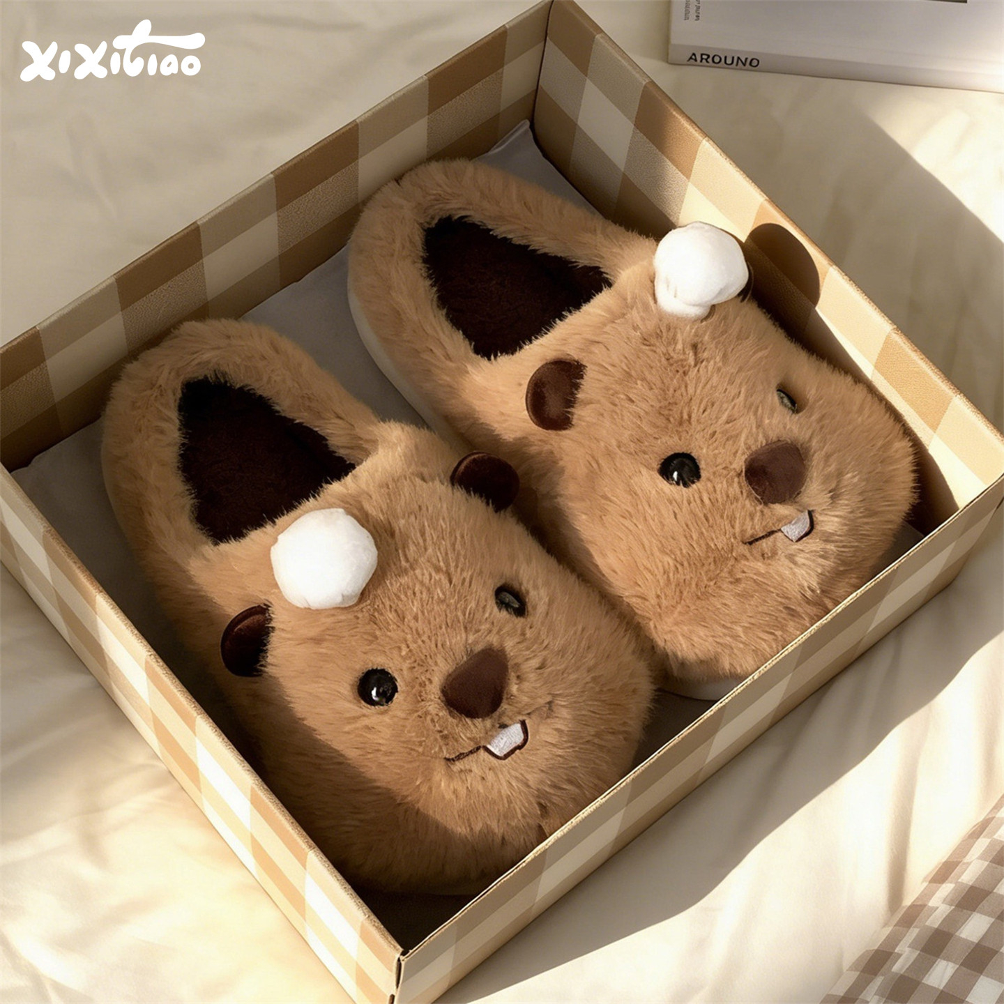 细细条厨师帽土拨鼠棉拖鞋男女