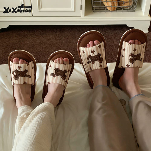 细细条ins刺绣小马棉麻拖鞋男女