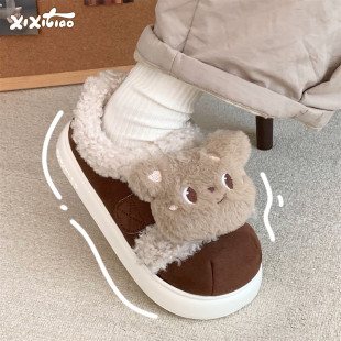 网红外穿可爱板鞋 保暖羊羔毛冬季 女 少女心毛绒小熊面包鞋 细细条