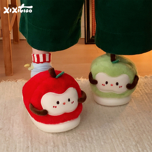 细细条 可爱鸳鸯红绿苹果棉拖鞋女冬2025新款趣味居家防滑毛毛鞋