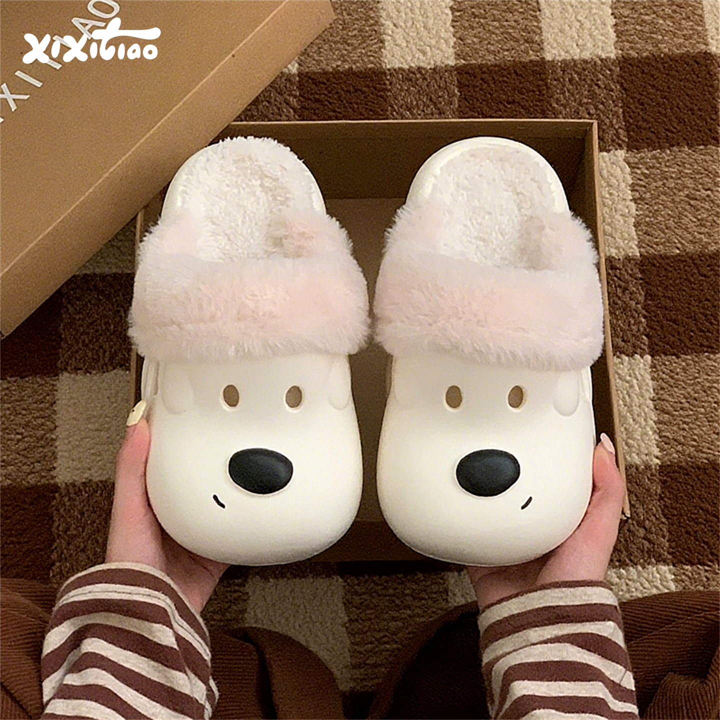 细细条可爱狗狗室内外棉拖鞋女