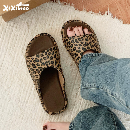 细细条欧美时尚豹纹外穿一字拖鞋