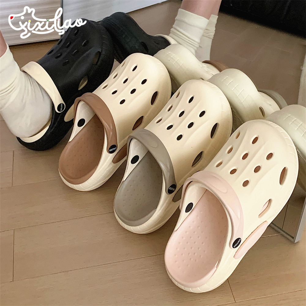 细细条 日系ins潮拼色亲子洞洞鞋夏外穿时尚防滑软底沙滩鞋凉拖女