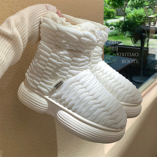 加绒保暖厚底机车风中筒面包棉靴ins 雪地靴女冬季 细细条 街头时尚