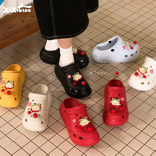 细细条可爱苹果番茄足弓洞洞鞋