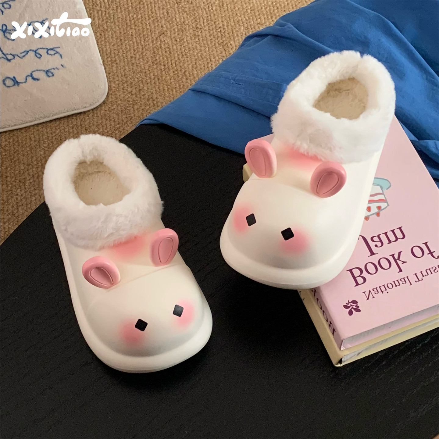 细细条 防水棉拖鞋冬季居家外穿少女心可爱小兔子棉鞋懒人毛毛拖
