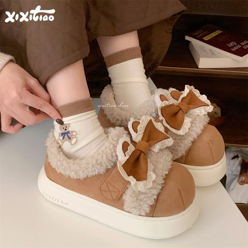 细细条花边蝴蝶结羊羔毛棉鞋