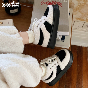 韩版 女冬季 时尚 百搭加绒运动鞋 细细条 面包鞋 拼色羊羔毛休闲板鞋