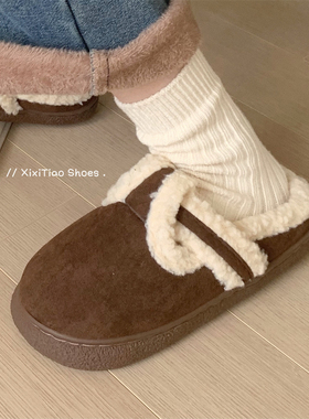 细细条 冬季加绒保暖外穿棉鞋毛毛拖鞋女韩版时尚复古新款勃肯鞋