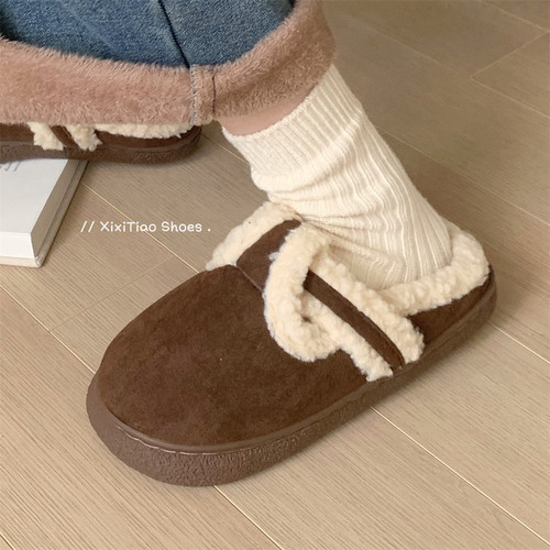 细细条韩版时尚复古加绒亲子棉鞋