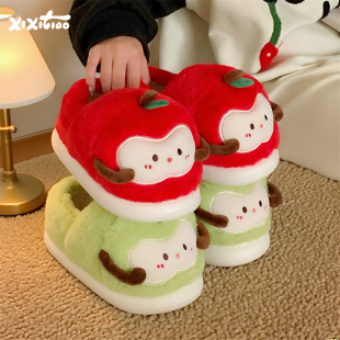 保暖防滑居家毛绒月子鞋 女学生冬季 可爱红苹果包跟棉拖鞋 细细条