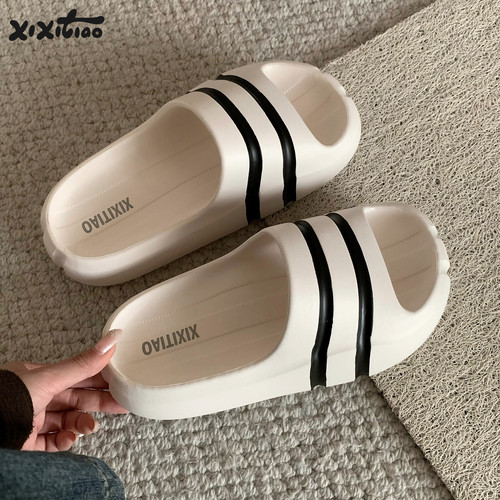 细细条情侣条纹厚底拖鞋女夏