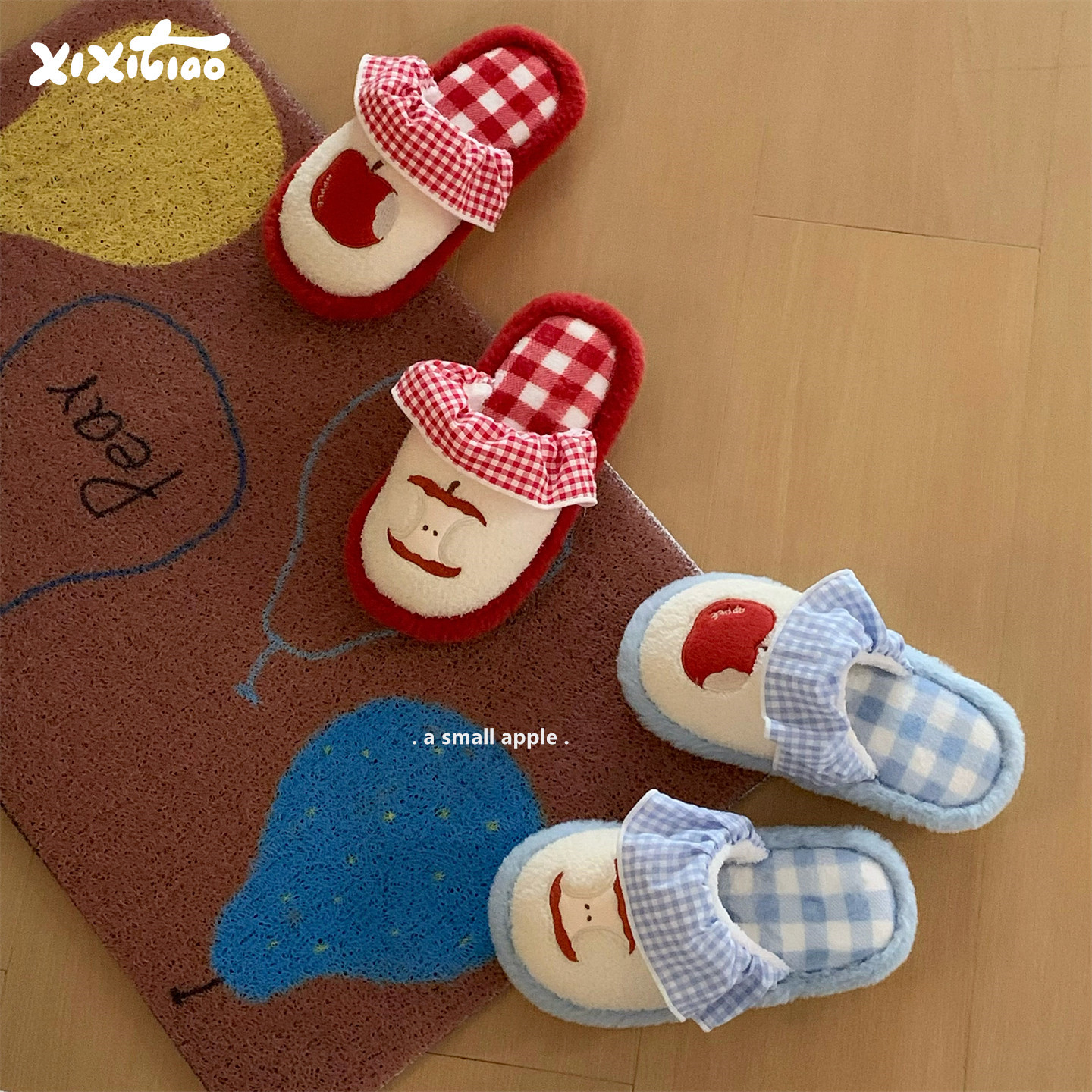 细细条 ins风可爱红苹果包头棉拖鞋女家用防滑撞色格子冬季毛毛鞋,居家布艺,居家棉拖/棉鞋,淘宝优惠券,粉丝福利购,淘宝优惠卷