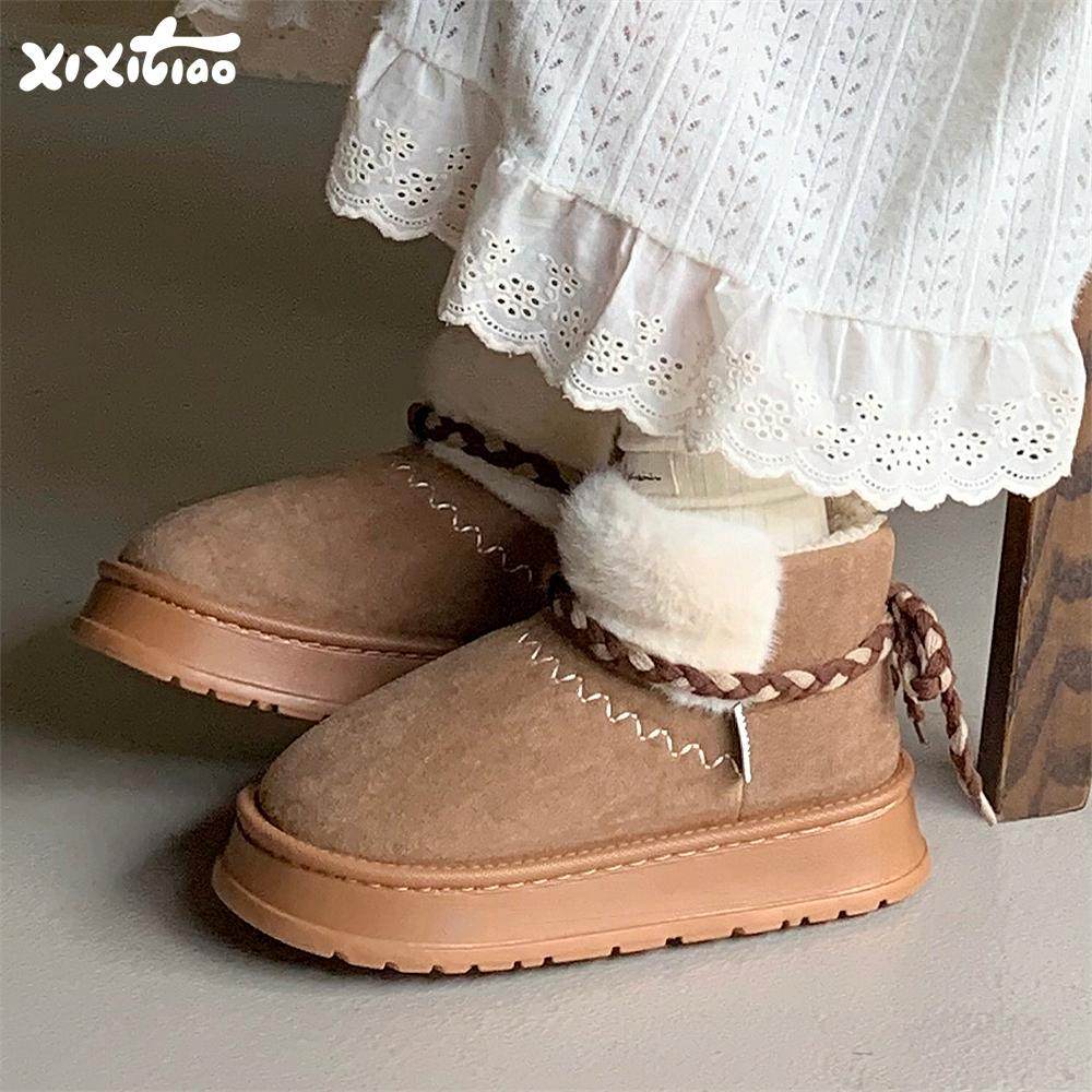 细细条 雪地靴女2025新款冬季加绒拼色毛绒棉靴复古风厚底中筒靴,女鞋,时尚雪地靴,淘宝优惠券,粉丝福利购,淘宝优惠卷