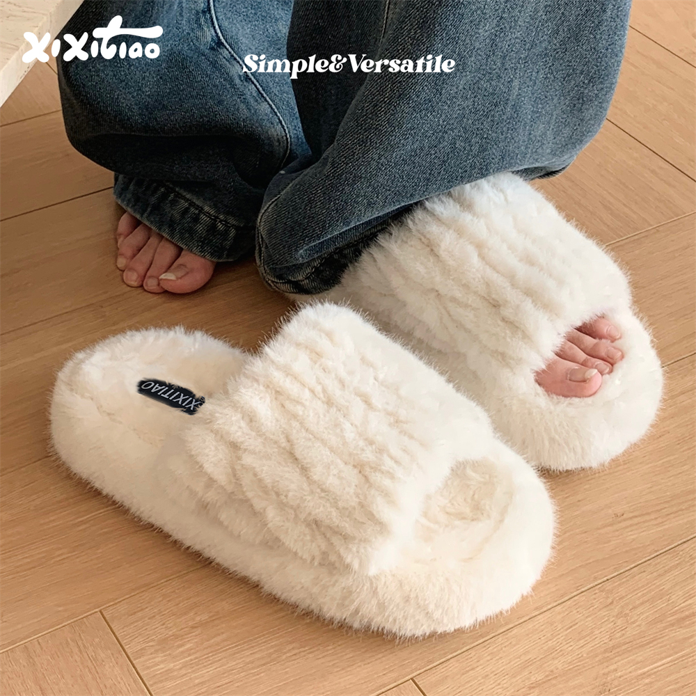 细细条简约风纯色百搭毛毛拖鞋