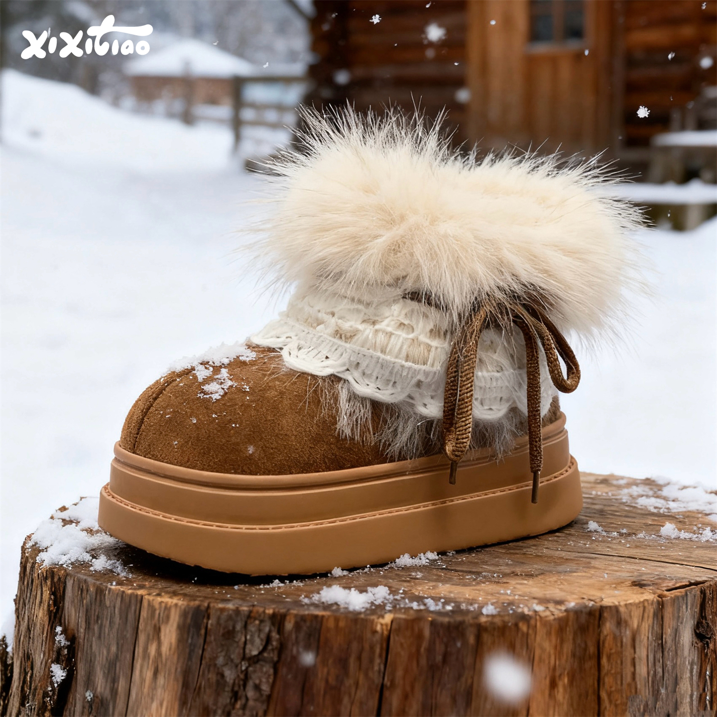 细细条增高费尔岛毛毛雪地靴女