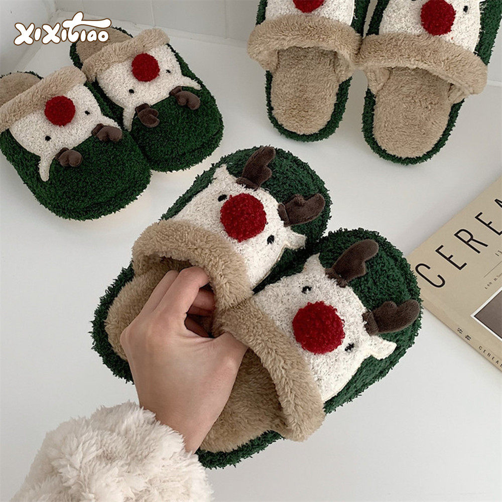细细条 趣味红鼻子圣诞麋鹿亲子毛毛拖鞋冬季男女居家保暖棉拖鞋