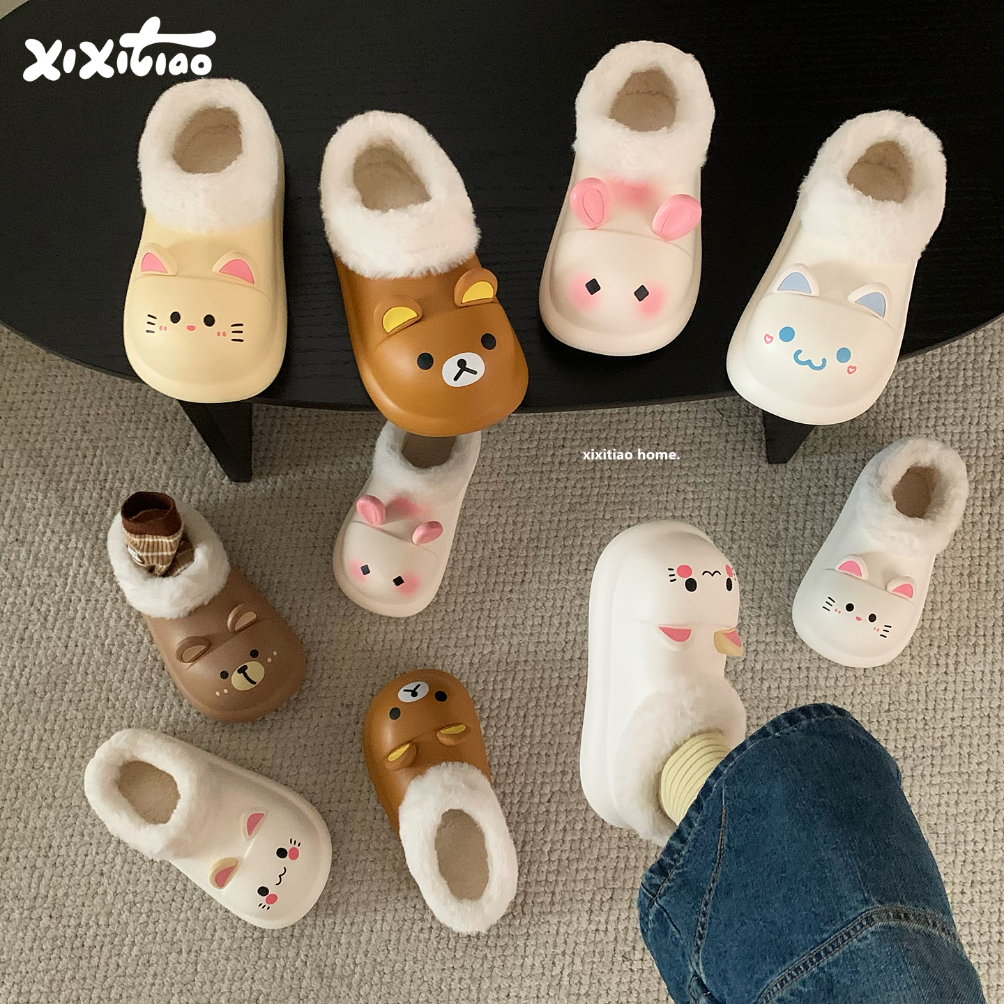 细细条 防水棉拖鞋女冬学生可爱兔子小猫外穿防滑厚底月子鞋棉鞋