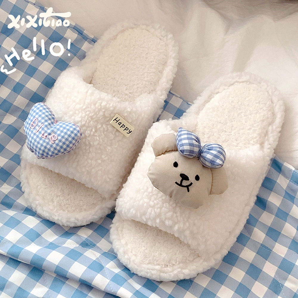 细细条 秋冬季爱心蝴蝶结小熊毛毛拖鞋学生居家可爱一字棉拖鞋女,居家布艺,居家棉拖/棉鞋,淘宝优惠券,粉丝福利购,淘宝优惠卷