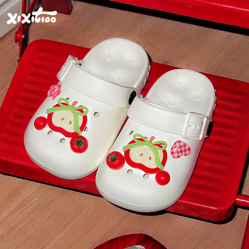 细细条少女心红苹果儿童洞洞鞋