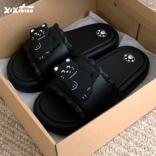 细细条网红个性黑猫夏季凉拖