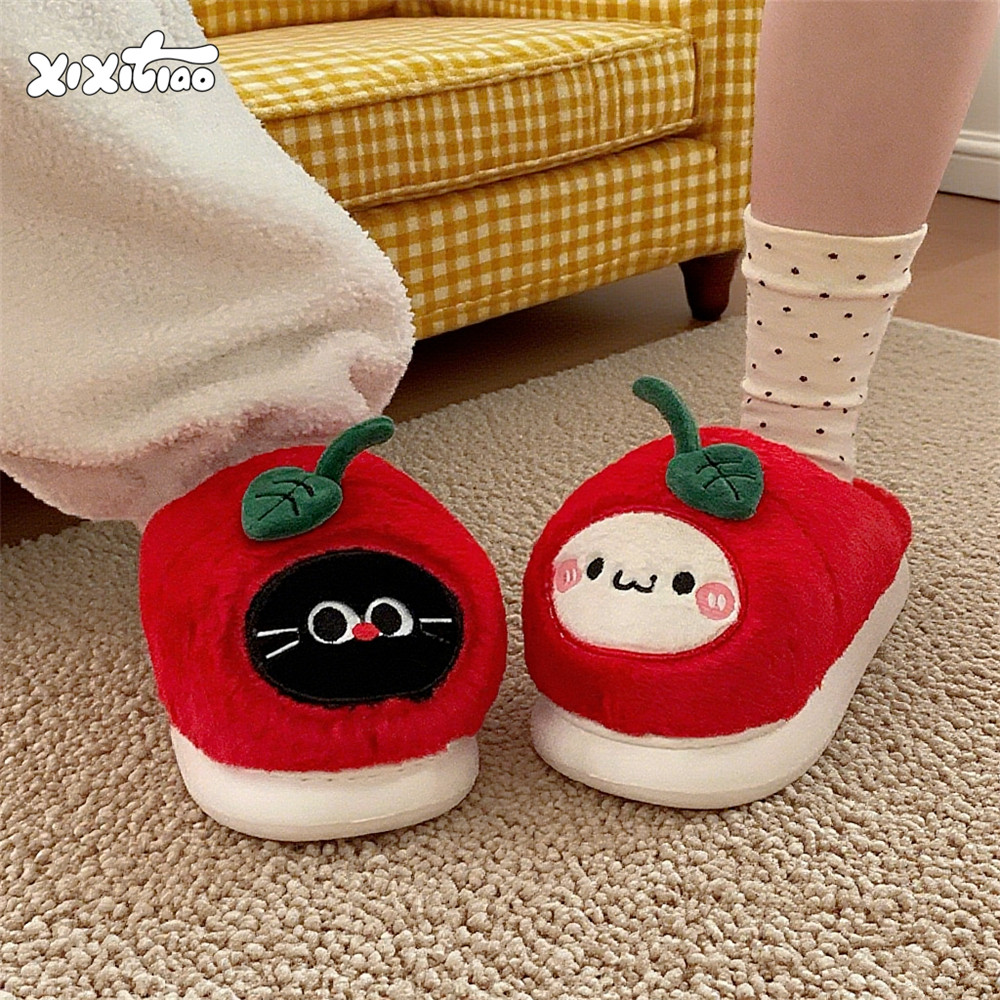 细细条 保暖防滑冬天可爱红苹果小猫棉拖鞋女舒适居家毛毛月子鞋