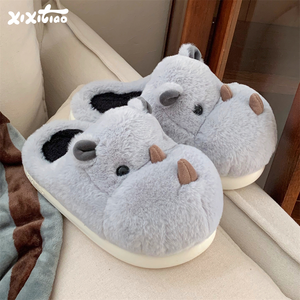 细细条立体呆萌犀牛情侣棉拖鞋