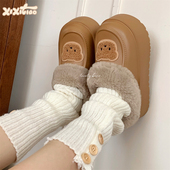 韩版 包头棉鞋 时尚 保暖加绒可爱小熊冬季 女 增高防水棉拖鞋 细细条