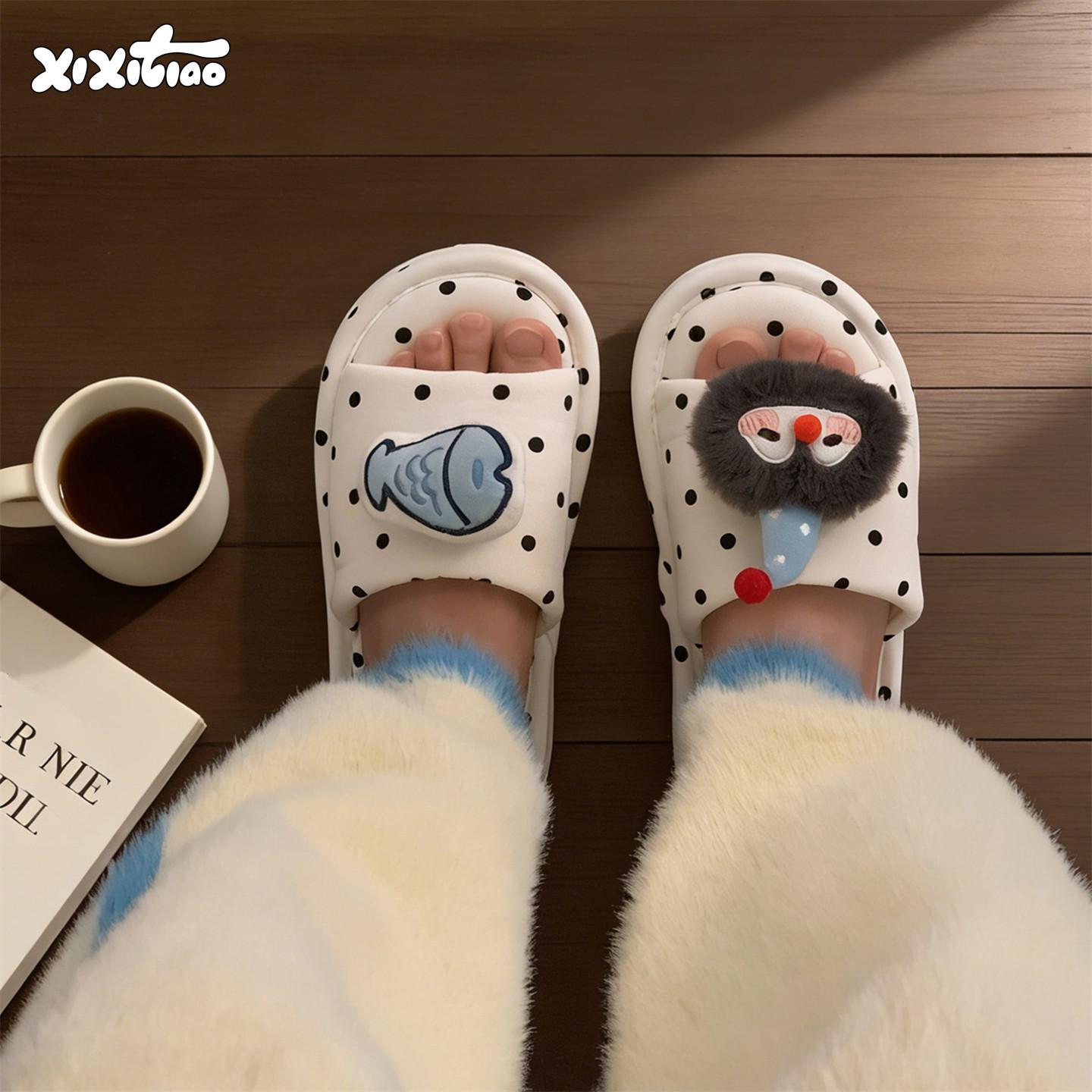细细条 学生居家企鹅小鱼棉布拖鞋女防滑吸汗透气可爱四季地板鞋