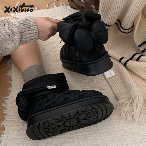 细细条加绒少女心蝴蝶结东北棉鞋