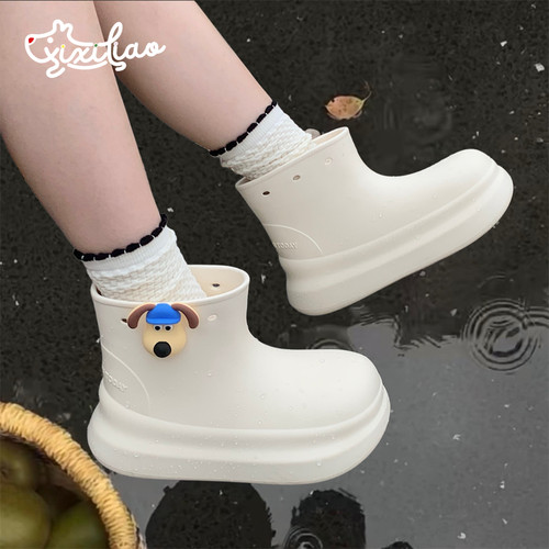 细细条趣味可爱狗狗时尚短筒雨靴