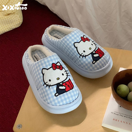 细细条 学生居家撞色格子正版HelloKitty猫棉拖鞋女冬防滑月子鞋