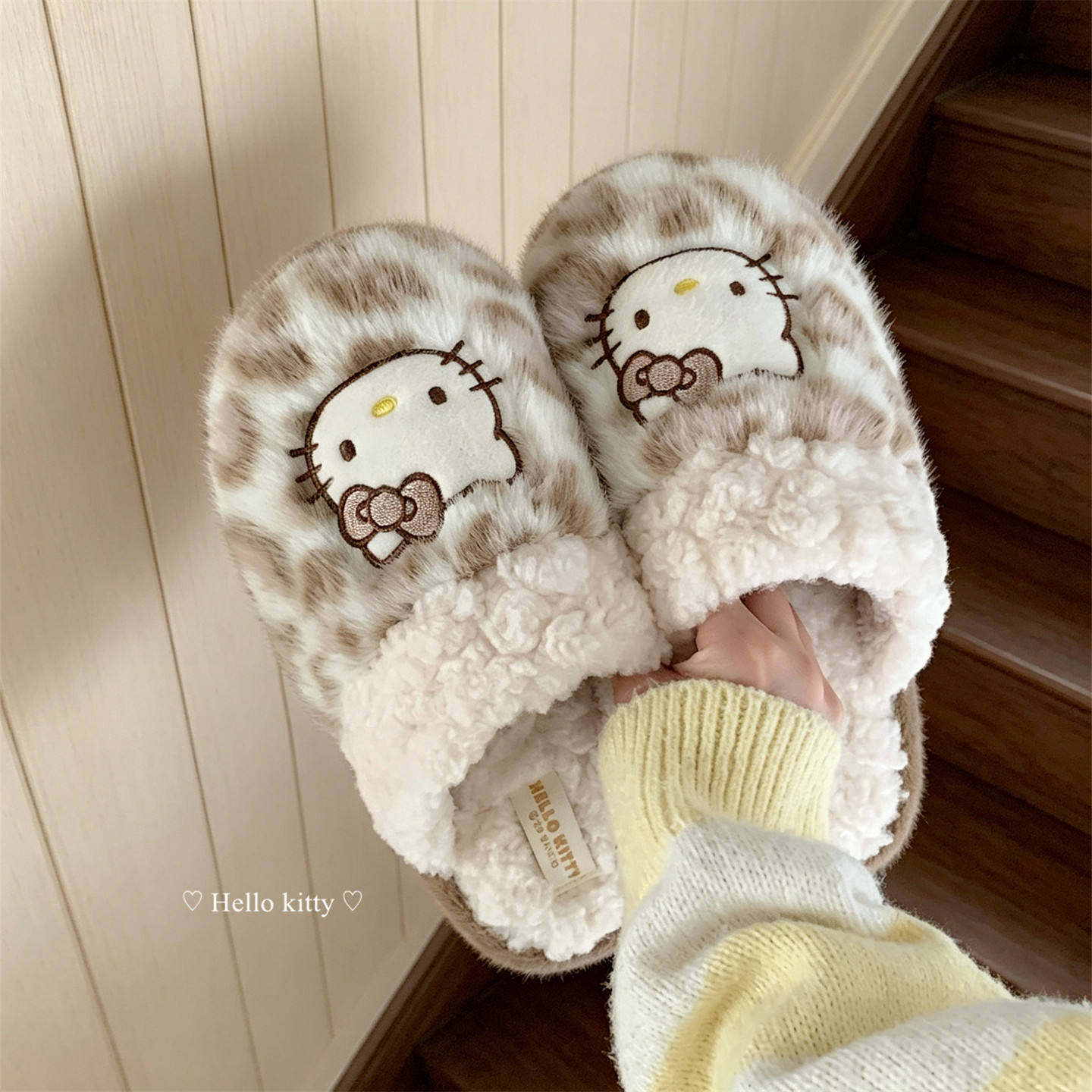 细细条 正版HelloKitty豹纹棉拖鞋女网红时尚秋冬居家防滑毛毛鞋