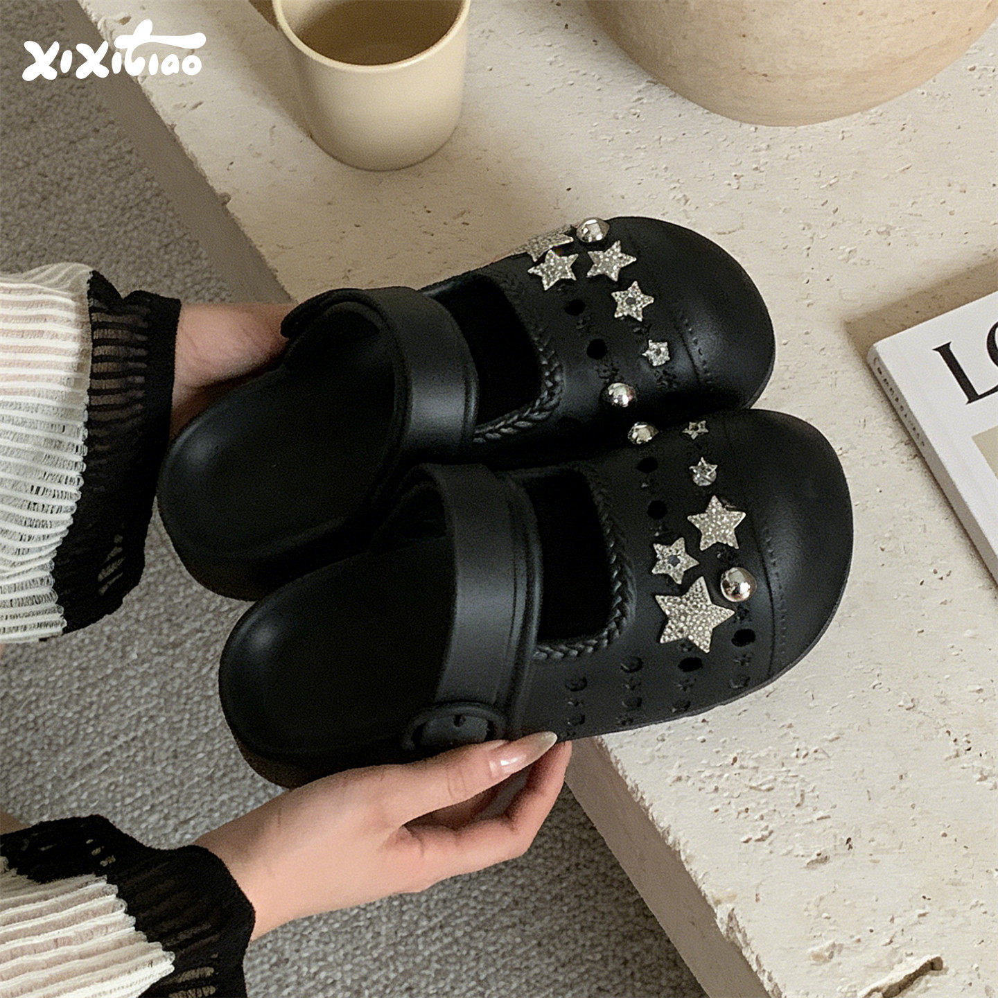 细细条 甜酷星星玛丽珍洞洞鞋女夏海边度假防滑足弓包头凉拖鞋ins