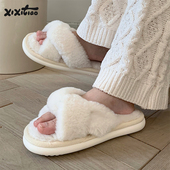 秋冬女士居家防滑保暖舒适毛毛拖鞋 细细条 仙女风交叉带棉拖鞋 ins