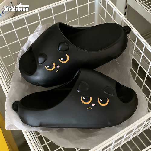 细细条EVA厚底个性小黑猫拖鞋