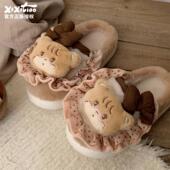 甜美小熊冬季 居家棉拖鞋 mikko联名新款 细细条 网红厚底保暖月子鞋