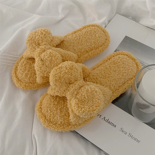 女秋冬防滑平底室内居家一字棉拖鞋 细细条 仙女风蝴蝶结毛毛拖鞋