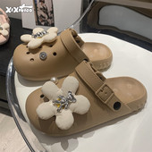 拿铁色洞洞鞋 女ins可爱小熊夏季 少女心小花亲子海边凉拖鞋 细细条