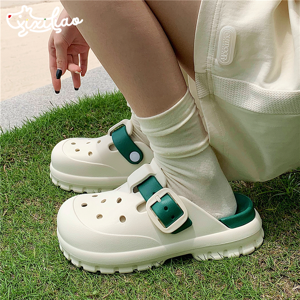 细细条运动风拼色男女洞洞鞋夏