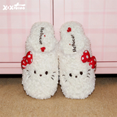 女地板防滑静音秋冬居家棉拖鞋 细细条 可爱蝴蝶结小猫毛毛拖鞋 ins