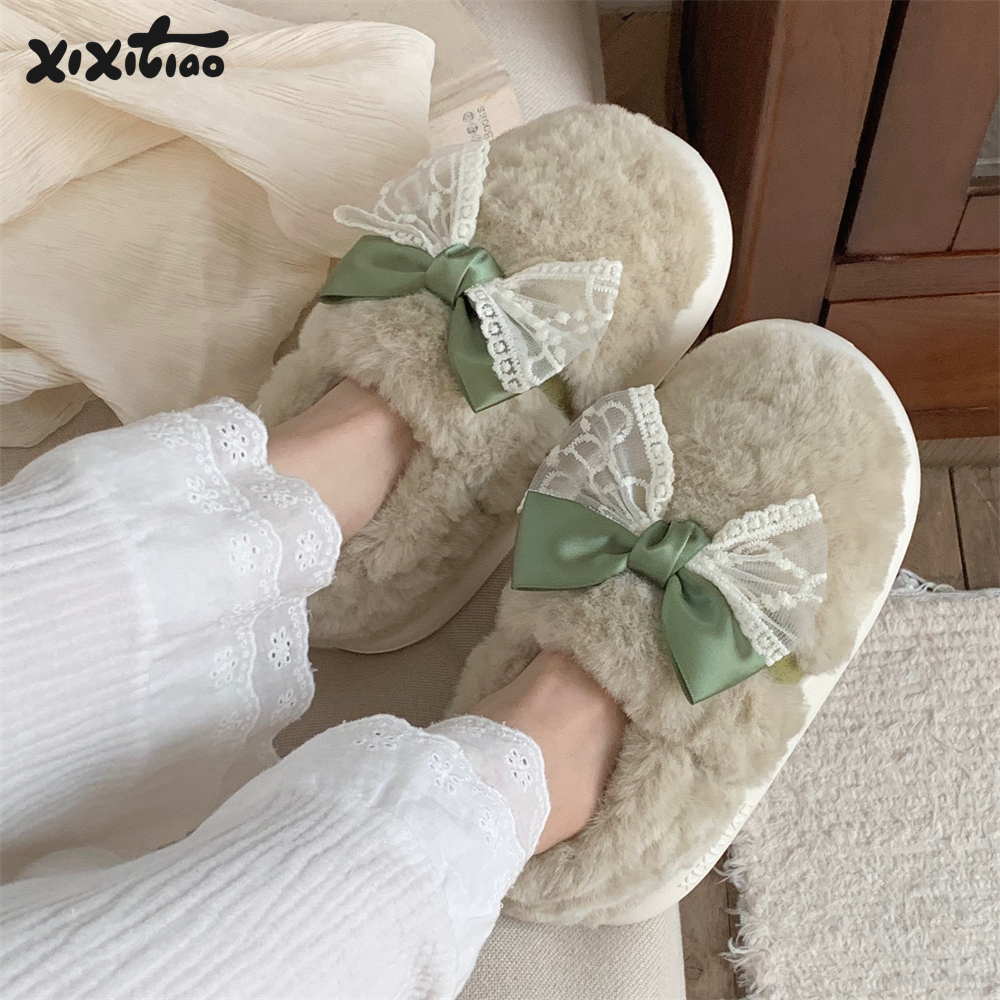 细细条学生居家蕾丝蝴蝶结棉拖鞋