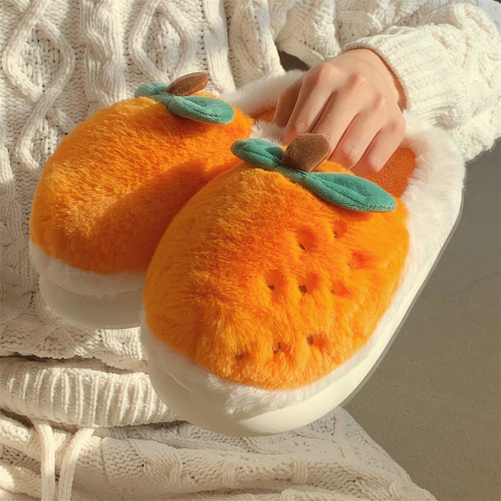 细细条可爱毛绒橘子防滑棉拖鞋