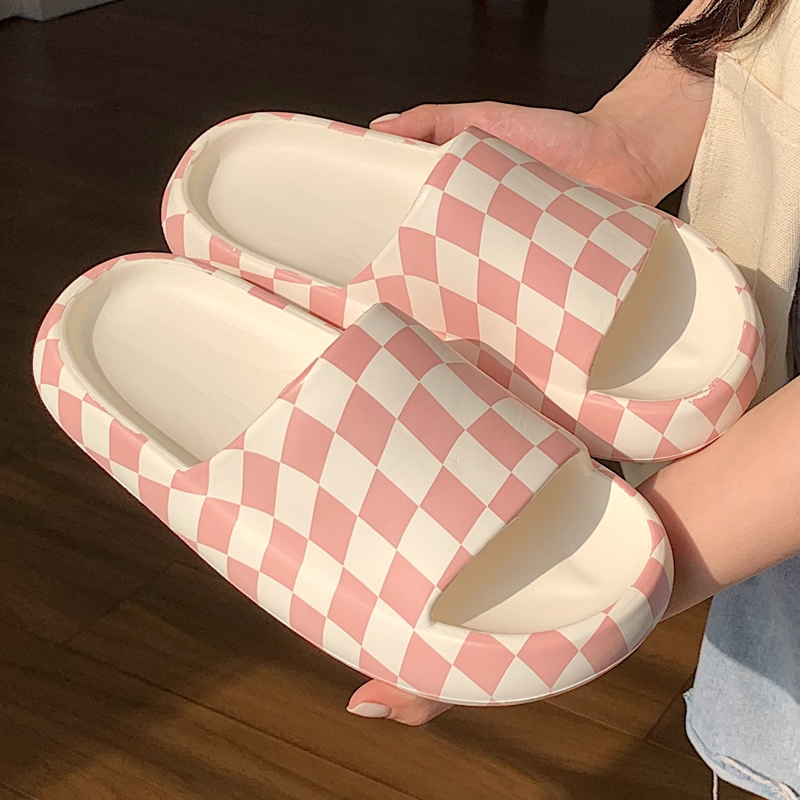 细细条ins棋盘格eva厚底凉拖鞋